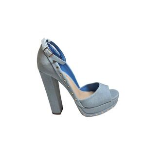 ShoeDazzle Size 8 NWOT Denim Platform Heels Studded Ankle Strap Open Toe Chic